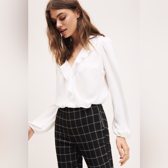 Dynamite Tops - Dynamite White Ruffle Front Faux Wrap Blouse Size S